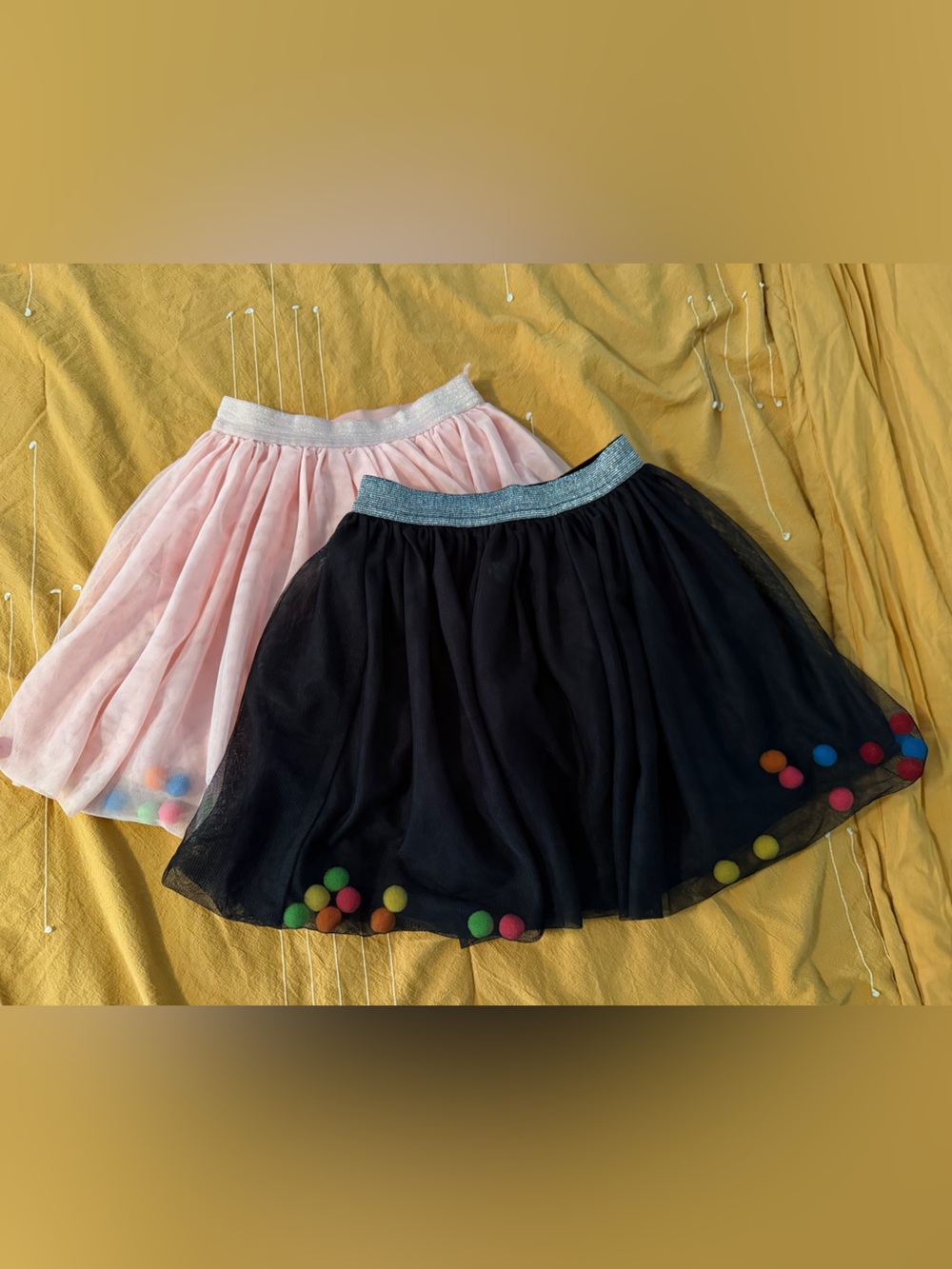 Amazon Girls Pink and Black Tulle Skirts with Colorful Pom-Poms